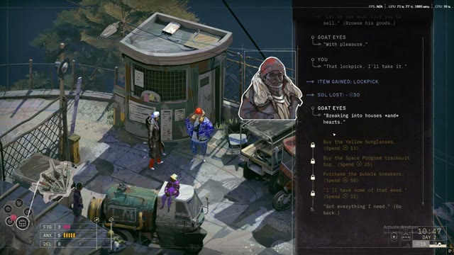 Zero Parades lockpick purchase confirmed: ITEM GAINED Lockpick, 30 sol deducted